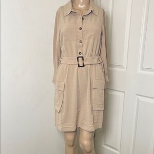 Monteau‎ Tan Buttoned Long Sleeve Shirt Dress